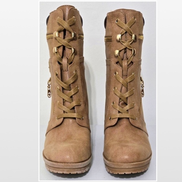 New G Guess Boots Womens Size 10 Heels Lace Up Combat Tan Gold Zipper Accent NWT - Picture 2 of 15